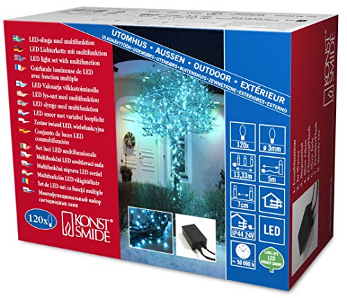 Konstsmide Micro LED Lichterkette, mit 8 Funktionen, Steuergerät und Memoryfunktion, 120 hellblaue Dioden, 24V Außentrafo, schwarzes Kabel - 3631-440 von Konstsmide