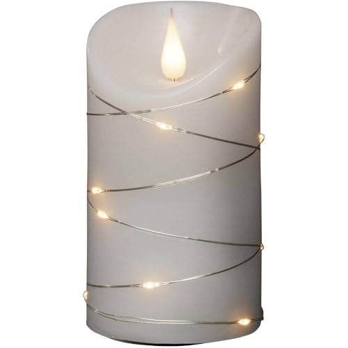 Konstsmide LED Echtwachskerze, weiß, mit 3D Flamme und silberfarbenem Draht umwickelt, mit 4h und 8h Timer, 1 warm weiße Diode / 13 LED Tropfen, batteriebetrieben, Innen - 1834-190 von Konstsmide