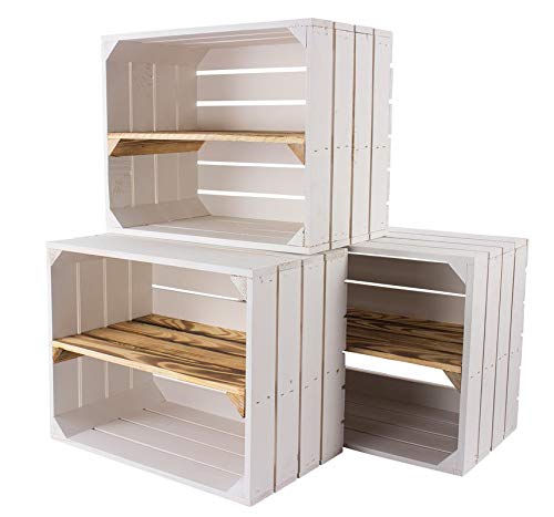 Kontorei® Neue weiße Holzkiste mit geflammten Mittelbrett 50cm x 40cm x 30cm 3er Set Schuhregal Wandregal Holzkiste Obstkisten/Weinkisten Regal aus Holz Ablage DIY von Kontorei