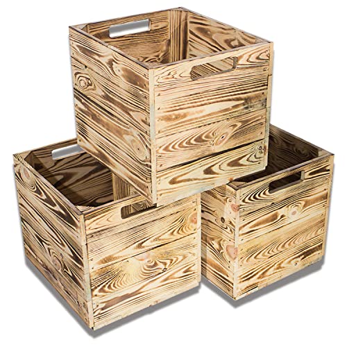 Kontorei® geflammte/gebrannte Holzkiste für Kallax Regal 33cm 37,5cm 32,5cm 3er Set Obstkiste Kiste Box von Kontorei