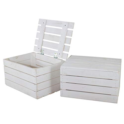 Kontorei® Neue Holztruhe weiß 49cm x 36cm x 29cm 2er Set Schatztruhe Weiss klein Holzbank Aufbewahrungskiste Gartenmöbel Obstkiste Weinkiste mit Deckel Holzbox Sitzbank Vintage-Look Kiste Truhe Kiste von Kontorei