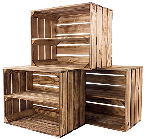Kontorei® gebrannte/flambierte Obstkiste mit Zwischenboden 50cm x 40cm x 30cm 9er Set Regal Holzregal Kiste Box von Kontorei