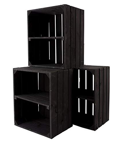 Kontorei® große Neue Schwarze Obstkiste 50cm x 40cm x 30cm 3er Set Apfelkiste Schuhregal Holzregal Bank Garderobe Weinkiste Kisten Balkon Holzkiste Regalsystem von Kontorei