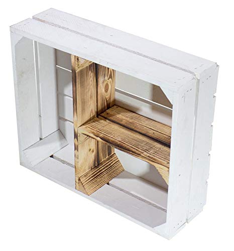 Kontorei Flache weiße Obstkiste mit geflammten T Trenner 50cm x 40cm x 16cm 1er Set Vintagemöbel 3 Fächer Weinkiste Apfelkiste Holzkiste Ablageregal weiss von Kontorei