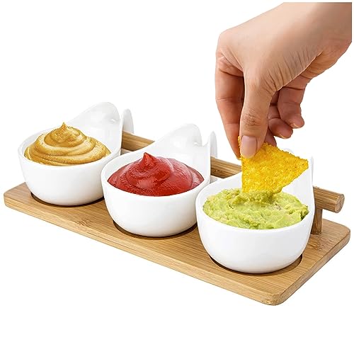 Konzept 11 - Dipschalen Set in Weiß mit Servierplatte aus Holz, 3 Stück, Servierschale für Dips, Antipasti, Sauce, Ketchup, Snack von Konzept 11