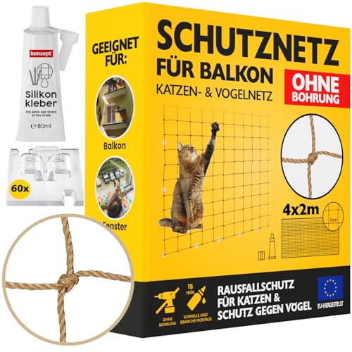 Konzept 11 - Katzennetz für Balkon Ohne Bohren Set 4x2M, Vogelabwehr Sicherheitsnetz für Fenster, Balkon, Katze, Starker Balkonnetz Vogelschutznetz Volierennetz von Konzept 11