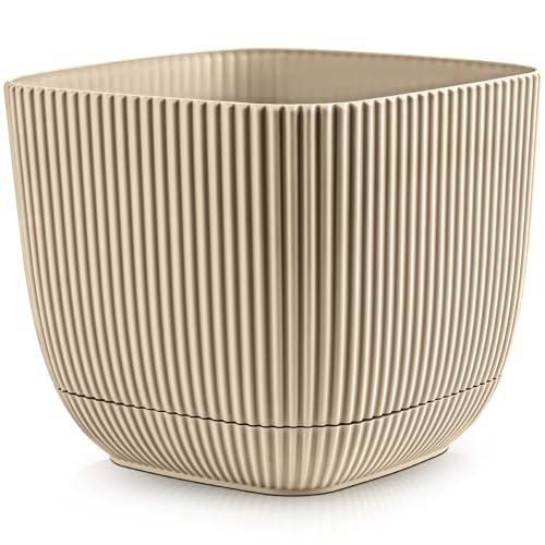 Konzept 11 - Blumentopf klein 4 l mit Unterzetzer, quadratischer Übertopf 19 x 19 cm, Pflanzentopf für Zimmerpflanzen aus Kunststoff, Beige von Konzept 11