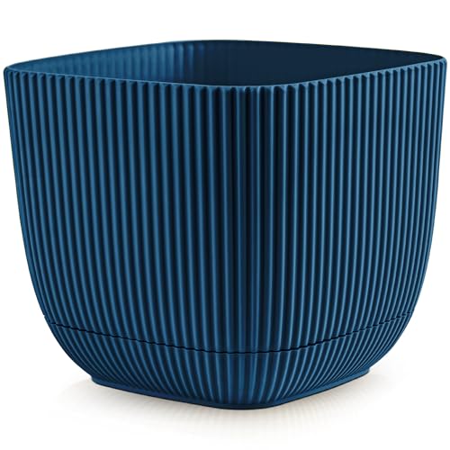 Konzept 11 - Blumentopf klein 1,8 l mit Unterzetzer, quadratischer Übertopf 15 x 15 cm, Pflanzentopf für Zimmerpflanzen aus Kunststoff, Dunkelblau von Konzept 11