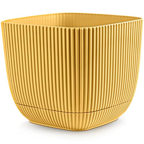 Konzept 11 - Blumentopf klein 4 l mit Unterzetzer, quadratischer Übertopf 19 x 19 cm, Pflanzentopf für Zimmerpflanzen aus Kunststoff, Gelb von Konzept 11
