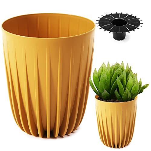 Konzept 11 - Hoher Blumentopf 14cm Durchmesser, Pflanzkübel Groß für Außen, Balkon, Übertopf mit Einsatz Gelb Palmentopf von Konzept 11