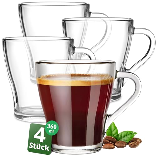 Konzept 11 - Teegläser mit Henkel XL, 4er Set, Große Kaffeegläser, Cappuccino Gläser 360 ml Glas Transparent, Glühweingläser für Heiße Getränke, spülmaschinenfest von Konzept 11