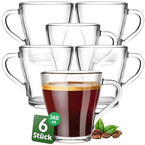 Konzept 11 - Teegläser mit Henkel XL, 6er Set, Große Kaffeegläser, Cappuccino Gläser 360 ml Glas Transparent, Glühweingläser für Heiße Getränke, spülmaschinenfest von Konzept 11