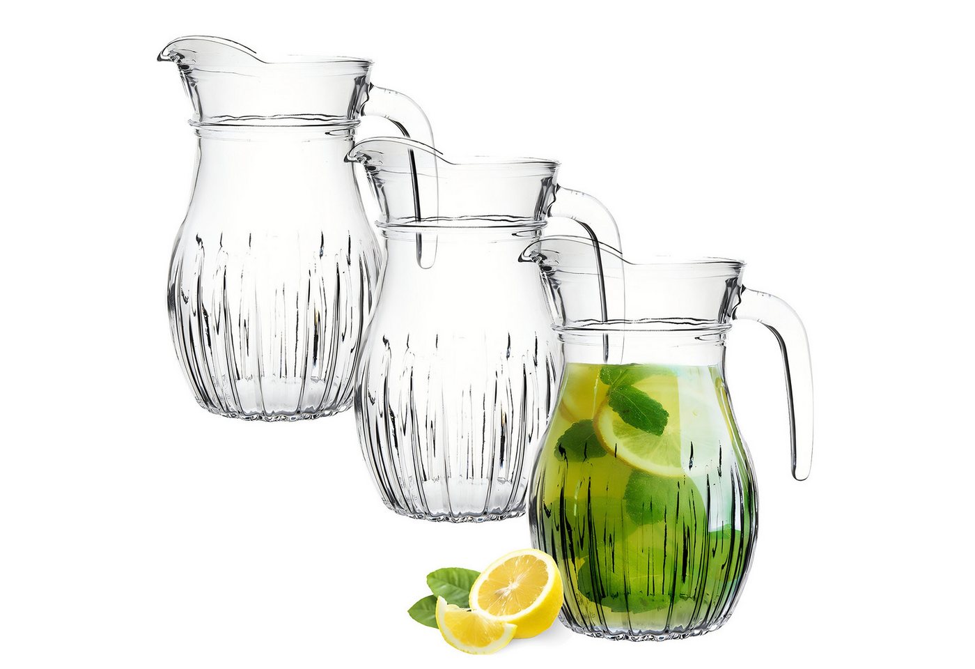 KONZEPT Wasserkrug Glaskrug 1,2 L Transparent, Ergonomischer Griff, (3-tlg., Krüg ideal für Wasser, Saft, Eistee, Limonade, Milch, Glaskanne), Spülmaschinenfest von KONZEPT