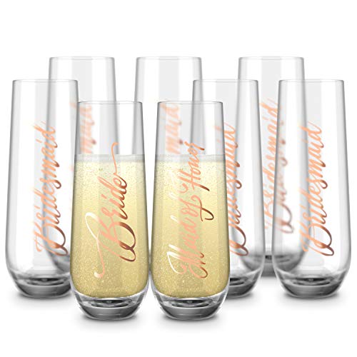 Bridesmaid Weingläser, Kook Junggesellinnenabschied Champagnergläser, 266.5 g (Bridal Set von 8), Stiellose Champagnerflöten, Cocktailbecher für Rose, ideal für Hochzeiten und Partys, von KooK