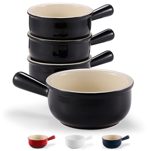 KooK Französische Zwiebel-Suppenschüsseln, Suppentöpfe mit Griffen, 425 ml, Keramikschalen, mikrowellen-, spülmaschinen- und ofenfest, Steingut, Schwarz, 4 Stück von KooK