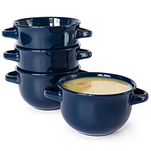 KooK Französische Zwiebel-Suppenschüsseln, Töpfe, ofenfeste Schalen, Suppentassen, Keramikschalen, Geschirrspüler, Mikrowelle, 4 Stück, 510 ml (blau) von KooK