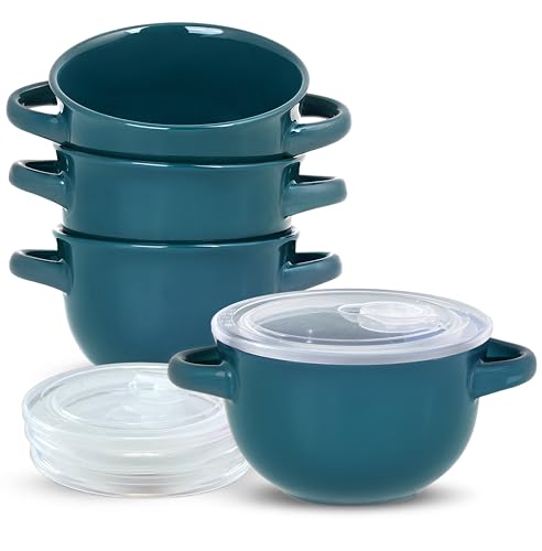 KooK Französische Zwiebel-Suppenschüsseln, Töpfe, ofenfeste Schüsseln, Suppentassen, Keramikschalen, Geschirrspüler, Mikrowelle, 4 Stück, 510 ml (Blaugrün) von KooK