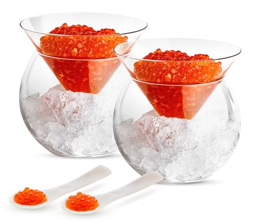 KooK Glas Kaviar Chiller Server Set, mit Perlmuttlöffeln, Servierschale mit Eishalter, für Garnelen, Vorspeisen, Likör, Martinis und Cocktails, spülmaschinenfest, 142 ml Schüssel, 2er-Set von KooK