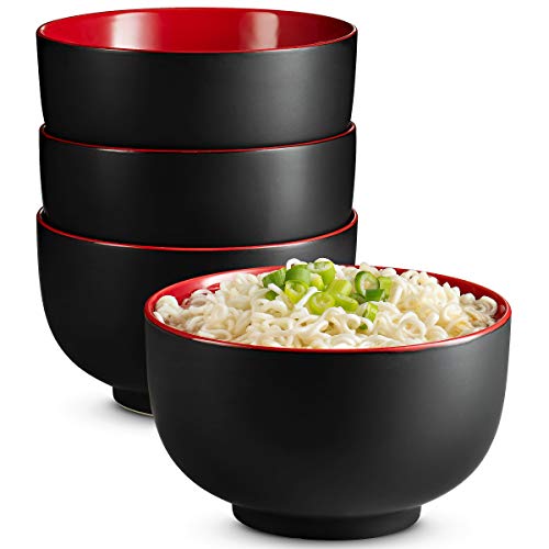 KooK Ramen Schüssel, japanische Schalen, Nudelschalen, große Suppenschüssel, Keramik, großes Fassungsvermögen, für Ramen, Pho, Udon, Soba, mikrowellen- und spülmaschinenfest, 963.9 g, 4er-Set (Schwarz von KooK
