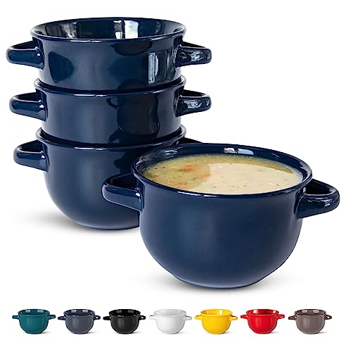 Kook Französische Zwiebel-Suppentöpfe mit Griffen, Keramikschalen, für Reis, Dessert, Nudeln, Spülmaschine, Mikrowelle, Backofen und Broil, 4 Stück, 510 ml (blau) von KooK