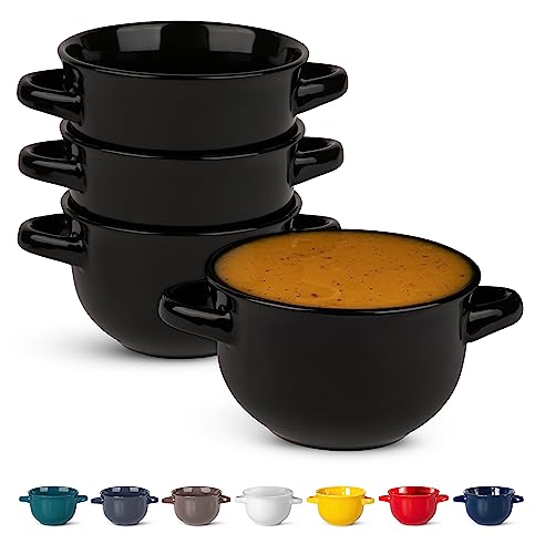 Kook Französische Zwiebel-Suppentöpfe mit Griffen, Keramikschalen, für Reis, Dessert, Nudeln, Spülmaschine, Mikrowelle, Backofen und Broil, 4 Stück, 510 ml (schwarz) von KooK