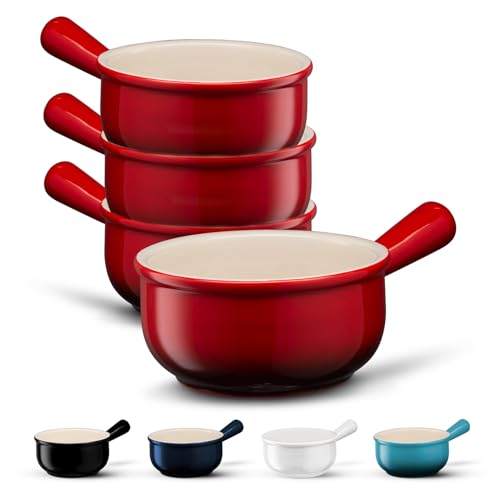 Kook Suppenschüsseln mit französischen Zwiebeln, Suppentöpfe mit Griffen, 425 ml, Keramikschalen, mikrowellen-, spülmaschinen- und ofenfest, Steingut, 4 Stück, Rot Ombre von KooK
