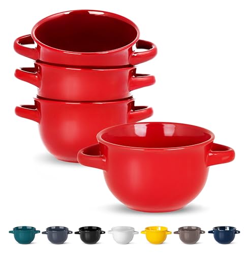 Kook Französische Zwiebelsuppentöpfe mit Griffen, Keramikschalen, für Reis, Dessert, Nudeln, Spülmaschine, Mikrowelle, Ofen und Grill, Rot, 4 Stück, 530 ml, Rot von KooK