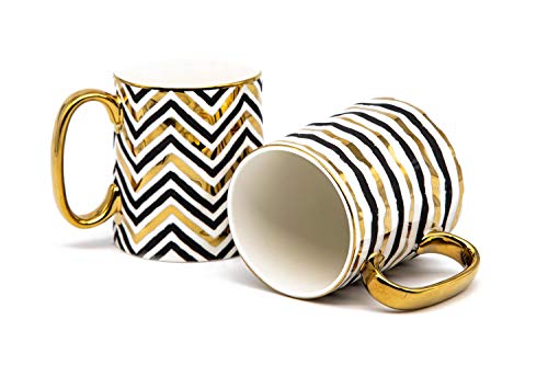 Kook Keramiktassen, Kaffeebecher-Set mit geometrischem Design, feines Porzellan, 420 ml, Schwarz und Gold, 2er-Set (gebogen) von KooK
