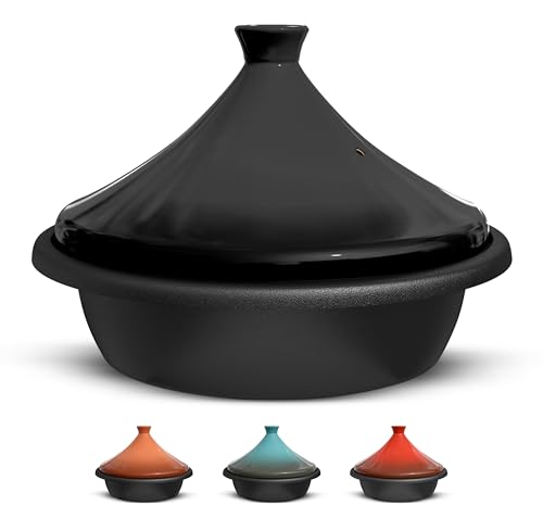 Kook Marokkanischer Tajine, emaillierter Gusseisen-Kochtopf, Tajine mit kegelförmigem geschlossenem Keramikdeckel, 3,3 QT (schwarz) von KooK