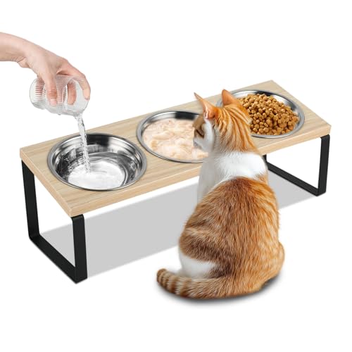 Katzennäpfe Erhöht 3er Set, Futternapf Mit Holz Ständer, Ergonomische Futterstation Mit Edelstahl Näpfen für Wasser und Futter, 15° Gekippte Näpfe für Katzen und Kleine Hunde Katzennäpfe Erhöht 3er Set, Futternapf Mit Holz Ständer, Ergonomische Futterstation Mit Edelstahl Näpfen für Wasser und Futter, 15° Gekippte Näpfe für Katzen und Kleine Hunde von KoolYouth