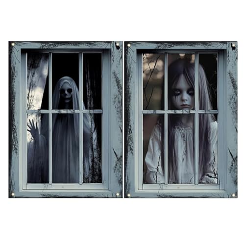 Koolenry 2er-Pack Halloween-Fensterdekorationen, Weiblicher Geist, Halloween-, Horror, Weiblicher Geist, Puppenvorhang-Set von Koolenry