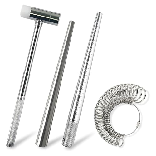 Koolenry 4-Teiliges Ringgrößenmessgerät, Ringmesser und Ringgrößen-Set Zur Schmuckherstellung, Schmuckhammer, Ringmaß-Set Aus Metall von Koolenry