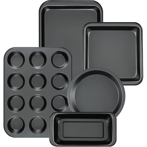 Koolenry 5-Teiliges Antihaftbeschichtetes Backgeschirr-Set für die Küche - Runde/Eckige Kuchenformen, Muffinform, Kastenform, Bratform und Backbleche von Koolenry