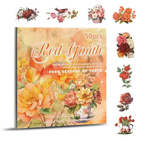 Koolenry Blumenaufkleber, Scrapbooking-Zubehör für Junk Journals für Erwachsene, 50 Blatt, Transparente Aufkleber und Materialpapier, Rot Koolenry Blumenaufkleber, Scrapbooking-Zubehör für Junk Journals für Erwachsene, 50 Blatt, Transparente Aufkleber und Materialpapier, Rot von Koolenry