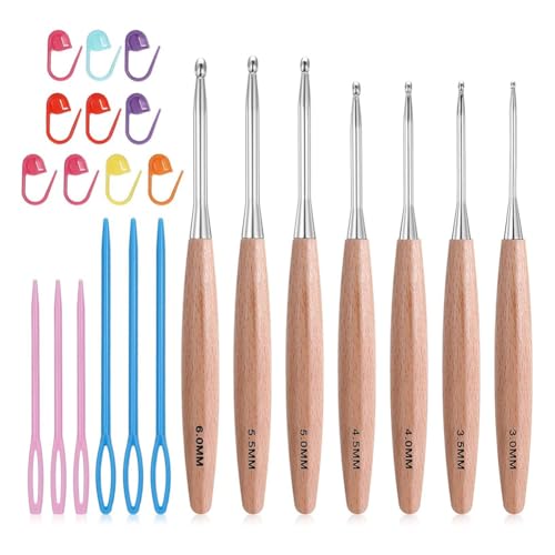 Koolenry Häkelnadel-Set Aus, Häkelnadeln mit Ergonomischem, 3,0 mm - 6,0 mm, mit Stricknadelmarker für Handarbeit von Koolenry