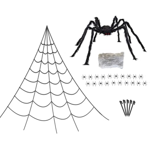 Koolenry Halloween-Spinnennetz-Set, 70 cm, Dreieckig, Riesiges Spinnennetz + 198 cm, Riesige Künstliche Spinne, Gruselige Dekoration für und Garten von Koolenry