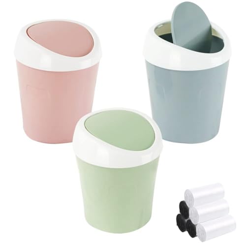 Koolenry Mini-Mülleimer mit Schwingdeckel für Den Schreibtisch, Blau + Grün + Rosa, Kunststoff, 3 Farben Koolenry Mini-Mülleimer mit Schwingdeckel für Den Schreibtisch, Blau + Grün + Rosa, Kunststoff, 3 Farben von Koolenry