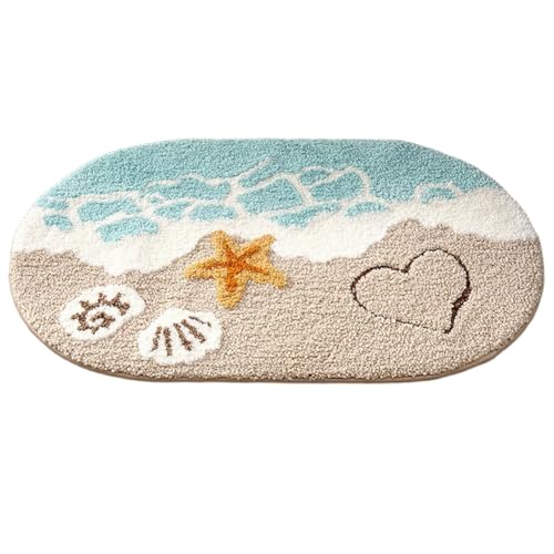 Koolenry Strand-Badezimmerteppich, Küsten-Muschel-Badematte, Lustig, Extra Weich, Getuftet, Schnelltrocknend, Wellen-Seestern (40,6 X 61 cm) von Koolenry
