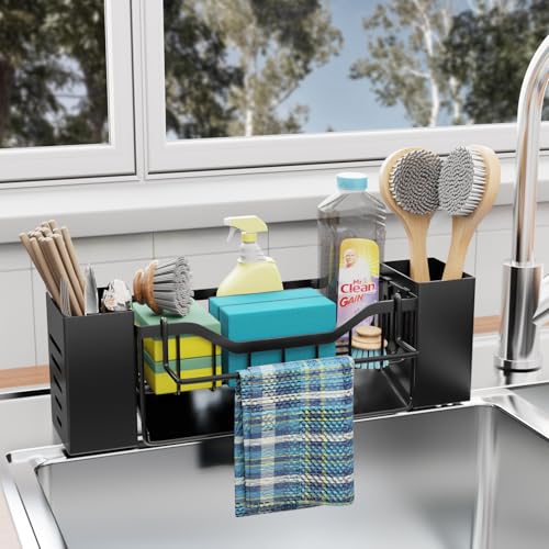 Koolkasa Spülbecken Organizer Küche Schwammhalter, Spüle organizer mit Spültuchhalter und Aufbewahrungsbox, Metall Sink Organizer mit Automatisch Abflusspfanne, Kann hängend(Schwarz) von Koolkasa