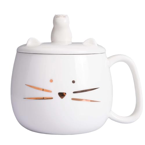 Koolkatkoo Einzigartige Katzen-Kaffeetasse mit Deckel für Katzenliebhaber, niedliche Keramik-Teetassen mit Halter für Handy, Porzellan-Tasse, haben Sie das goldene Kätzchen, Geschenk für Frauen, Weiß von Koolkatkoo