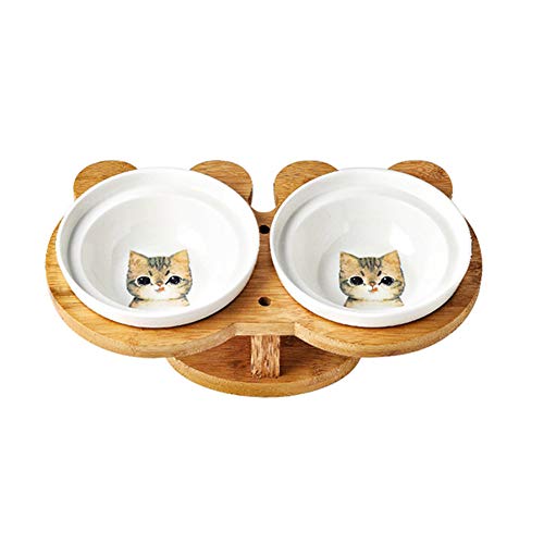 Koomiao 2×Keramik Futternapf Katze mit erhöhter Halterung Katzennäpfe Keramik mit Holzunterstützung Für Katzen Jeden Alters und Welpen (B) von Koomiao