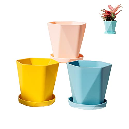 Koomuao Blumentopf mit Untersetzer Plastik Blumentopf Ф17 cm Durchmesser Moderner Dekorativer Blumentopf für Anlagen, Blumen, Kräute (Rosa+Gelb+Blau, Ф17 cm) von Koomuao