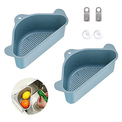 Koomuao Spülbecken Organizer 2 Stück Dreieckiger Filterkorb für Spülbecken- Seiher Sieb Set,Waschbecken Filterablage Abflusskorb Lagerregal für Gemüse/Obst Küche Sieb Teesieb (Blau) von Koomuao