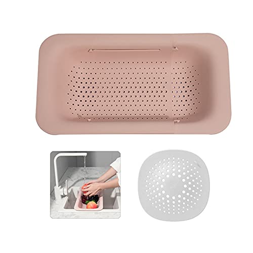 Koomuao Waschbecken Filterablage,Spülbecken- seiher Sieb Set Einstellbarer Küche Lagerregal Reinigungskorb für Geschirr Obst Gemüse, Plastik Filterablage zum Waschen (Rosa) von Koomuao