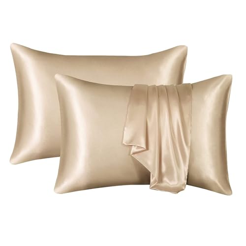 Liemuao Satin-Kissenbezug, 2 Stück, 50 x 70 cm, Fleckenschutzbezug, Bakterien, Milben, zum Schutz von Haar und Haut (Gold, 50 x 75 cm) von Koomuao