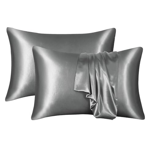 Liemuao Satin-Kissenbezug, 2 Stück, 50 x 70 cm, Fleckenschutzbezug, Bakterien, Milben, zum Schutz von Haar und Haut (Grau, 50 x 75 cm) von Koomuao