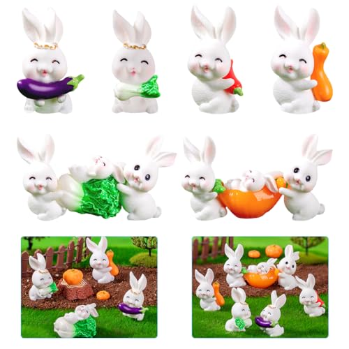 Koonafy 10 Stück Osterhasen Figuren Harz + 8 Stücke Gemüse Ornament, Miniatur Kaninchen Figur Hase Tierfigur Garten Mikrolandschaft für Fee Garten Hof Rasen Ornament von Koonafy