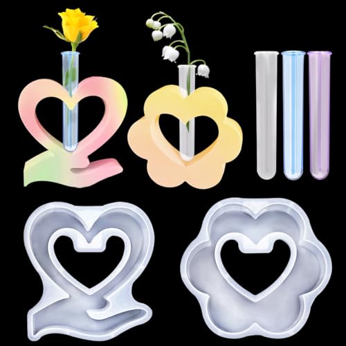 Koonafy 2 Stück Vase Silikon Formen, Epoxidharz Formen Vase mit 3 Reagenzgläsern, Kreative Vasenanordnung Hydroponische Blume GeräT Silikonform Desktop Dekoration Form (Liebe) von Koonafy
