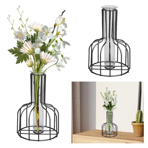 Koonafy Testrohr Vase für Blumen, Glasvase mit Metallständer Racks, Weinflaschenstil Herzstück Pflanze Vase Hydroponic Halter Display für Hochzeitstisch Büro Wohnzimmer Dekor (Schwarzer) von Koonafy