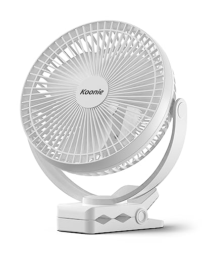 Koonie 20cm Tragbarer Clip-On-Ventilator, USB-Tischventilator mit 10.000 mAh Akku, 4 Geschwindigkeiten, Wiederaufladbarer Tischventilator für Zuhause, Büro, Kinderwagen, Camping (Weiß) von Koonie